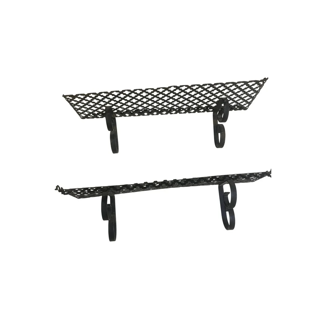 Vintage Black Wrought Iron Lattice Wall Shelves Pair Quatrefoil Scroll Brackets